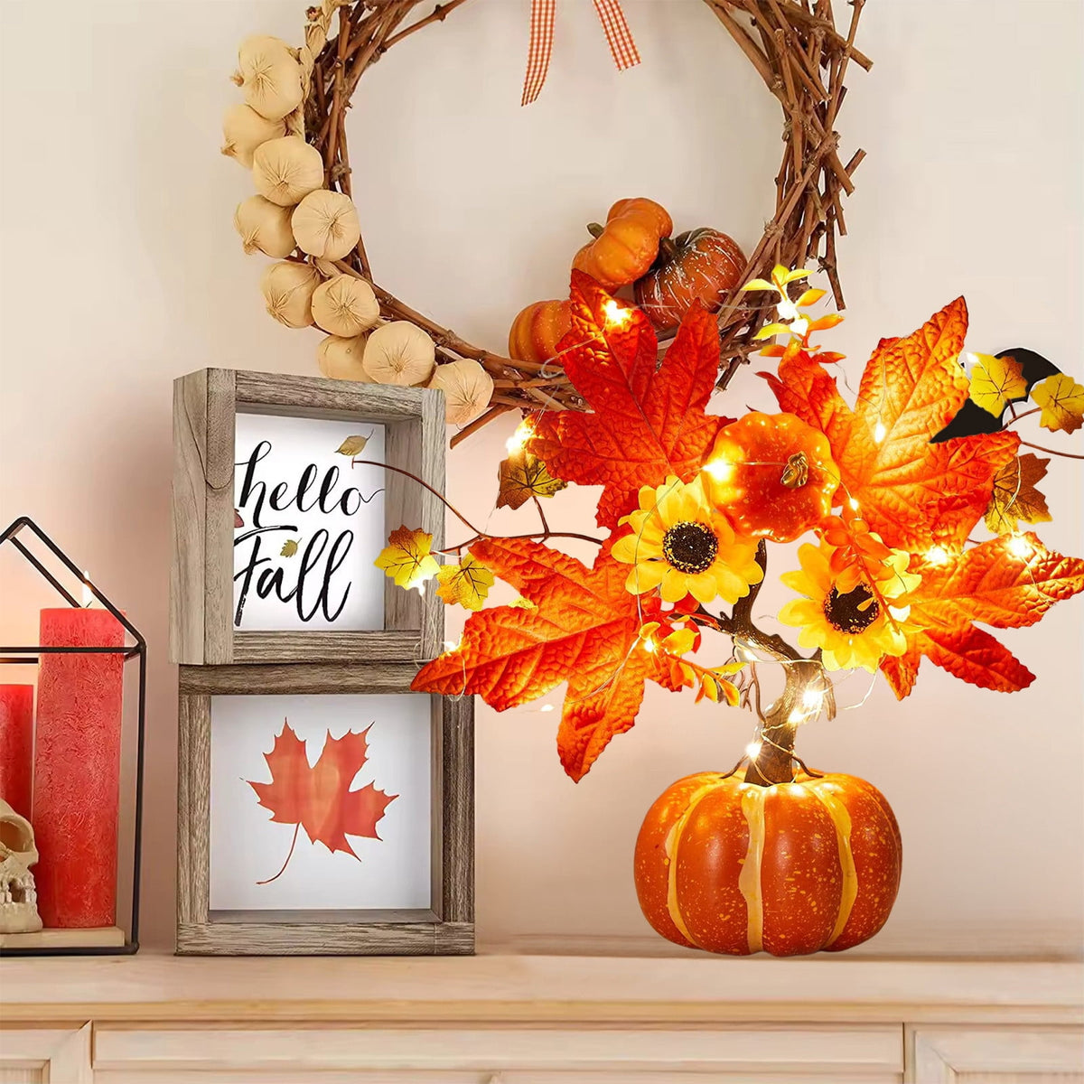 YSGFHGJW Halloween Thanksgiving Artificial Pumpkin Tree Decoration, Light Up with LED Lights, Fall Decor for Dining Table Living Room Porch