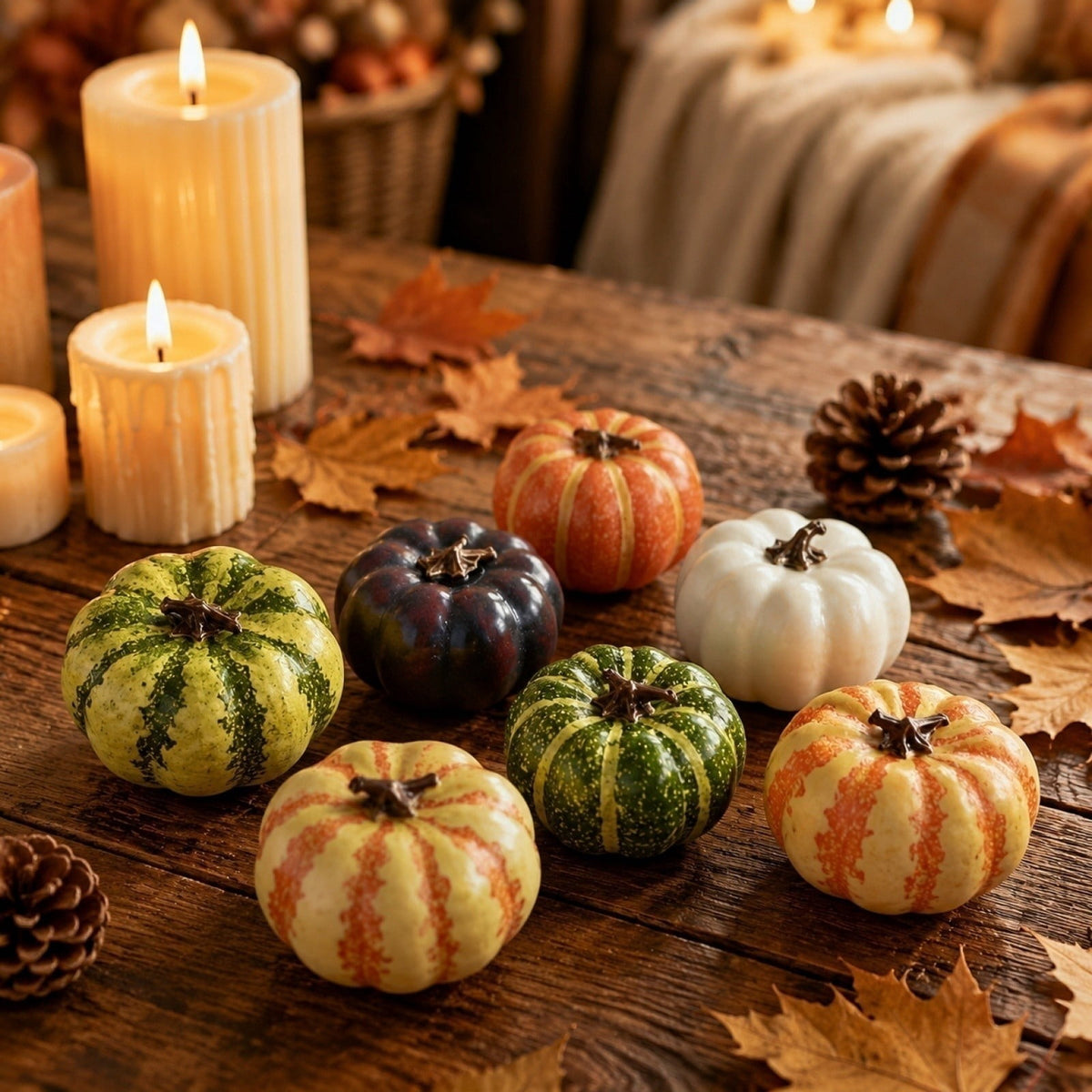 9 PCS Thanksgiving Artificial Pumpkins and Gourds Set - Fall Decorations for Home 7 Fake Pumpkins, 2 Pinecones for Fall Halloween Table Centerpieces