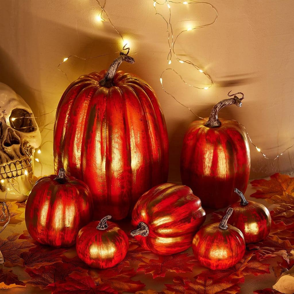 7Pcs Artificial Pumpkins Fall Decoration Assorted Faux Pumpkin Cute Foam Pumpkins for Home Outside Halloween Decorating