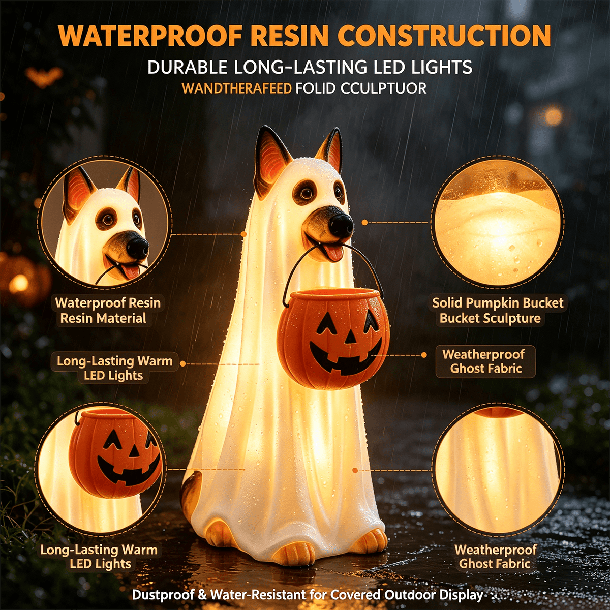 Fall Decorations for Home, 7.9in Lighted Halloween Scarecrow Dog Figurine, Resin Thanksgiving Halloween Garden Dogs Figurines for Autumn Harvest Porch Yard Garden Decor