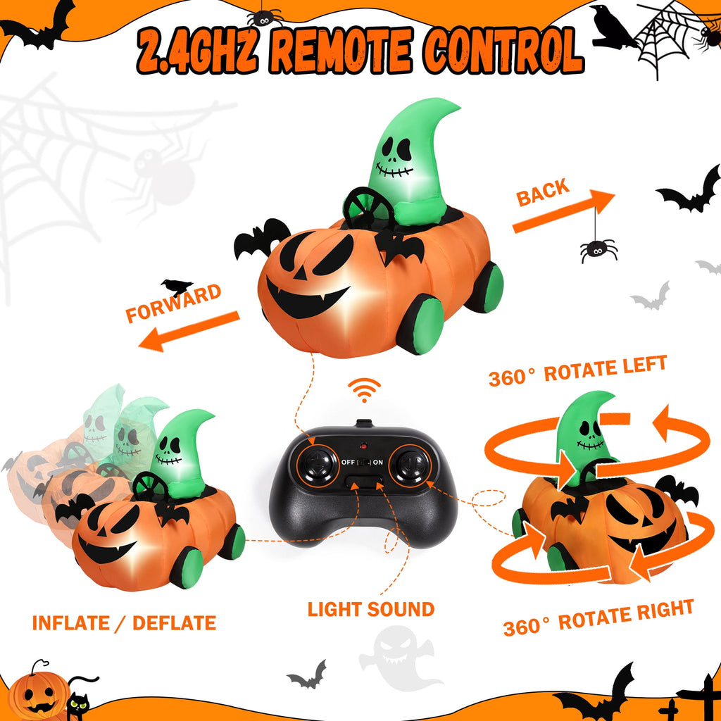 Firstness 2.4GHz Remote Control Car Halloween Inflatable Pumpkin Spider Blow ups Rc Car 360° Rotation, 3 Music and LED Lights,Aged 3+