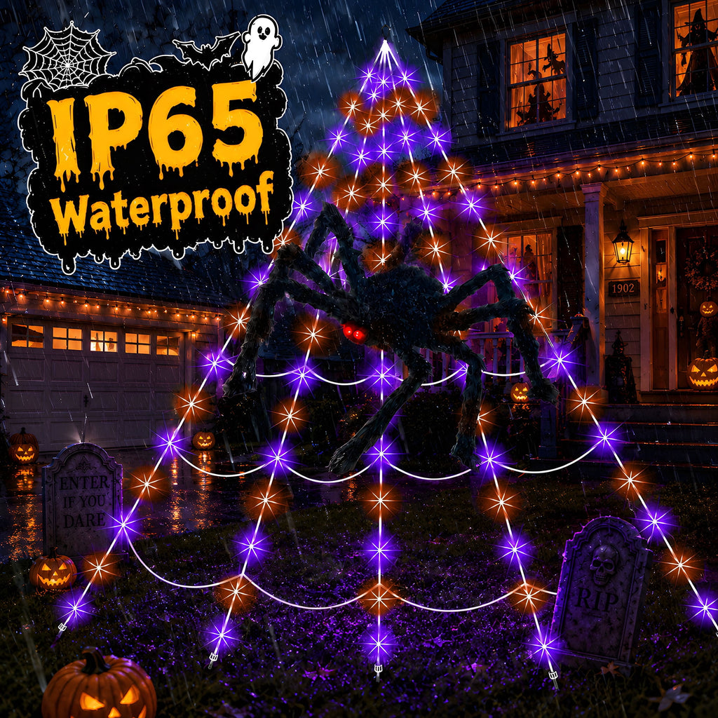 VOLIVO Halloween Spider Web Lights, 5 FT Giant Spider + 15.7 x 16.4 FT Light-up Triangular Web, 250 LED 8 Modes Waterproof Decor for Indoor Outdoor (Purple)