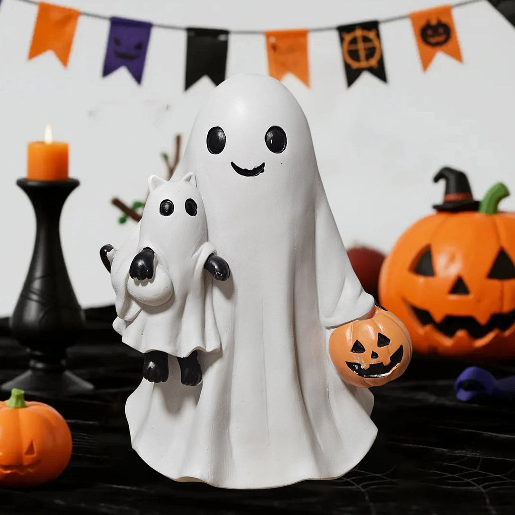 1Pc Halloween Ghost Holding Black Cat and Pumpkin Ornaments,Resin Figurine Holding Pumpkin Decor Cute Handmade Tabletop Statue Perfect for Halloween Home Decoration(White)