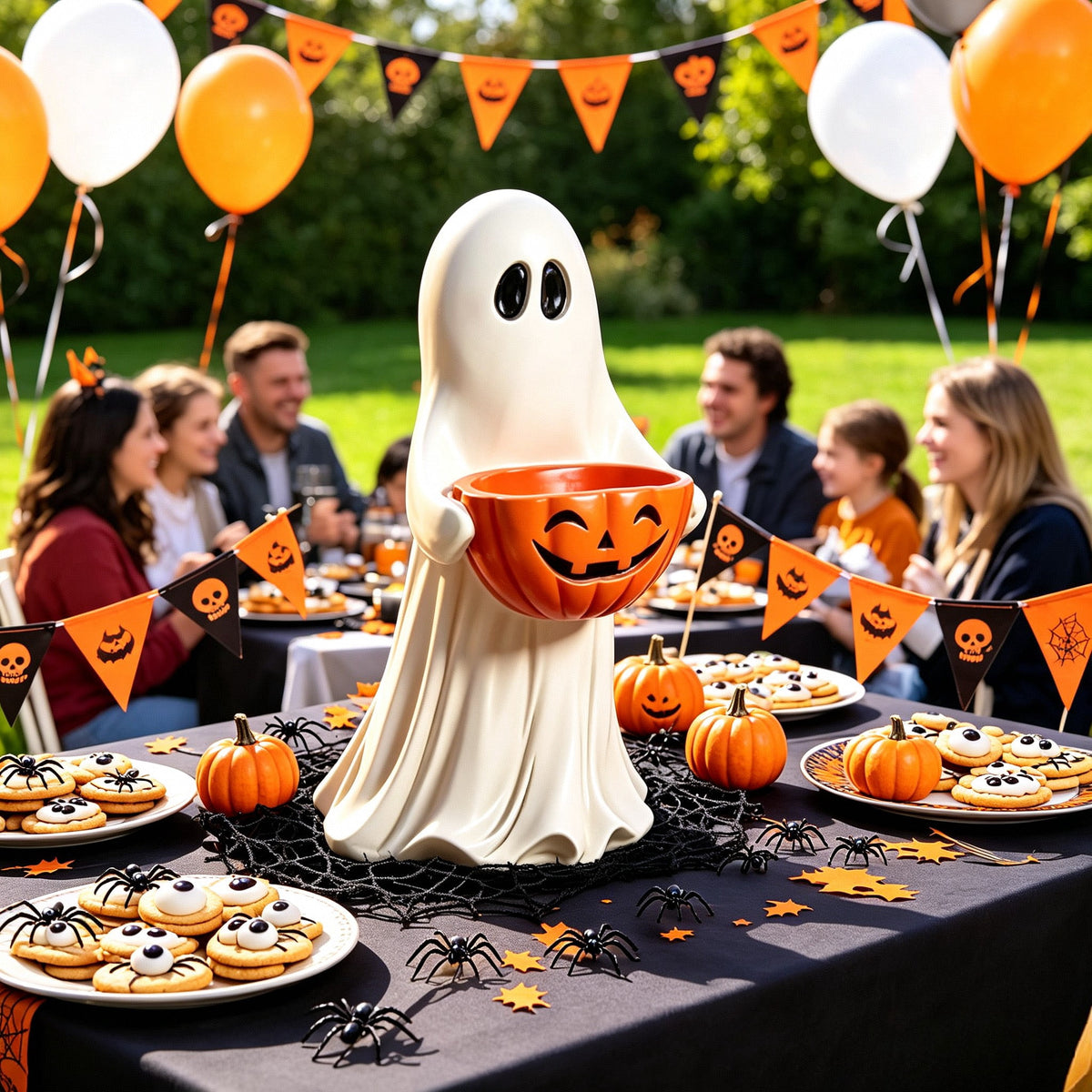 Halloween Ghost Statue with Jack-o-Lantern Pumpkin Candy Bowl, White Resin Ghost Figurine, Tabletop Candy Holder Ornament, Spooky Halloween Gift for Porch Yard Patio Indoor Home Party