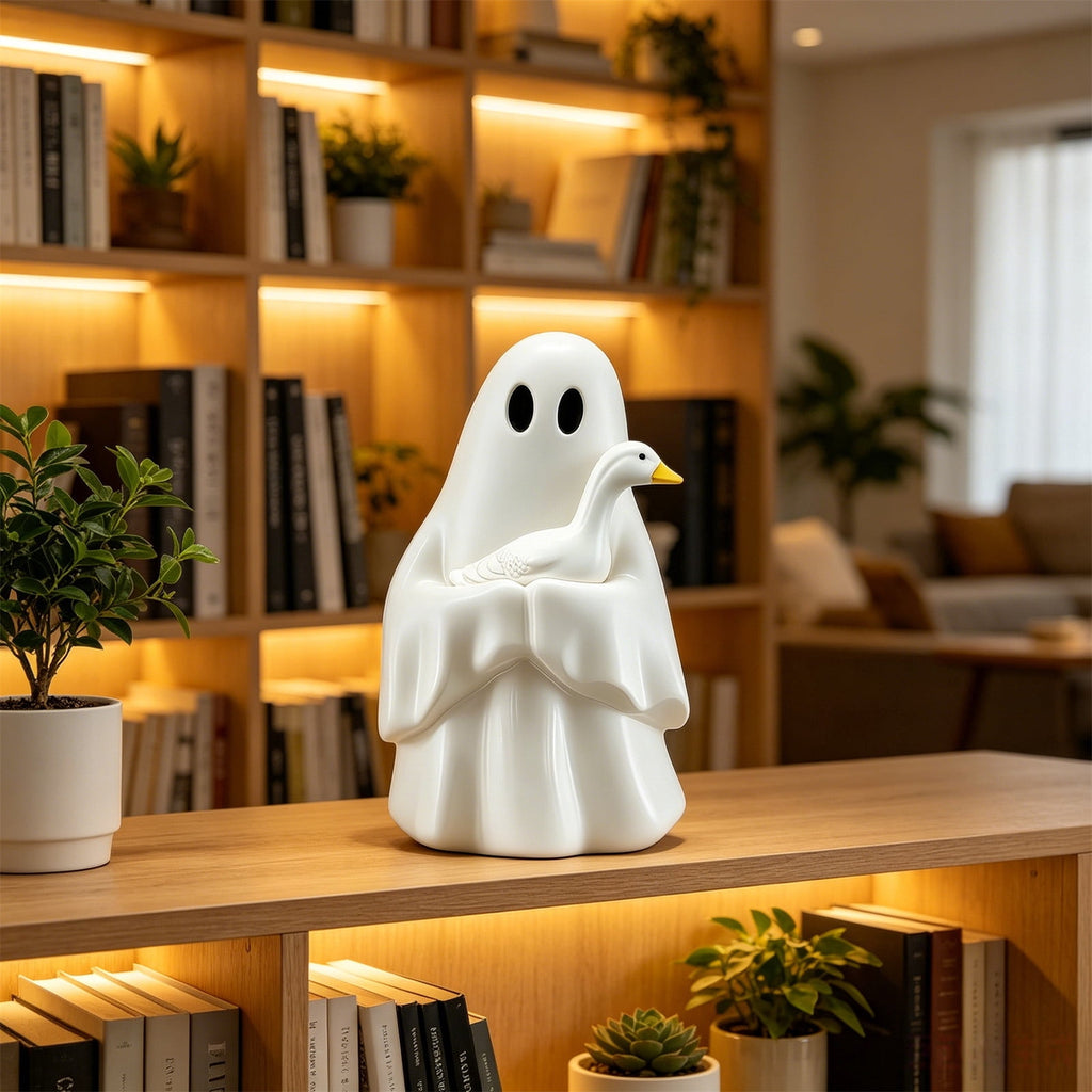 Halloween Ghost Figurine, Resin Lighted Ghost Ornament with Pumpkin Lantern & Beverage Cup, Tabletop Halloween Indoor Decor