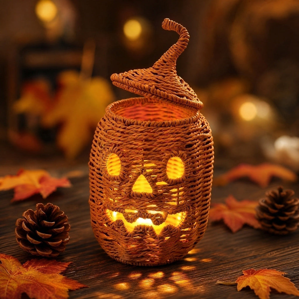 Aximioll Halloween Black Woven Jack-O-Lantern Pumpkin Decor, Hand Woven Rattan Wicker Style Statue, Trick or Treat Candy Bowl Lantern for Porch Entryway Fireplace Mantel Table, Black, 11 Inches