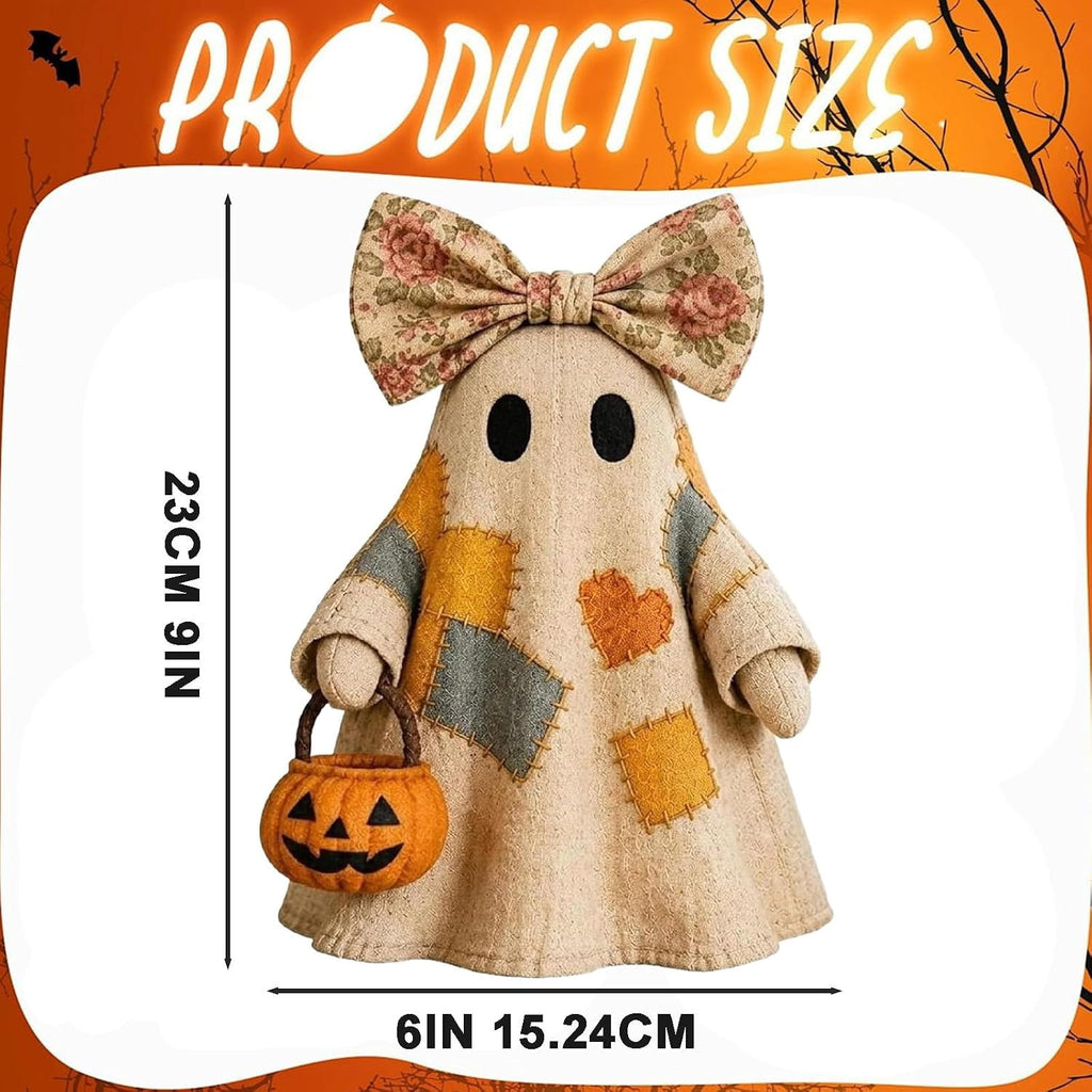 Lighted Vintage Patchwork Ghost, Light Up Ghost with Pumpkin Lantern Halloween Decor, Resin Ghosts Lamp, Rustic Fall Figurine Decoration for Tabletop Mantel Shelf Entryway Porch-9.44"