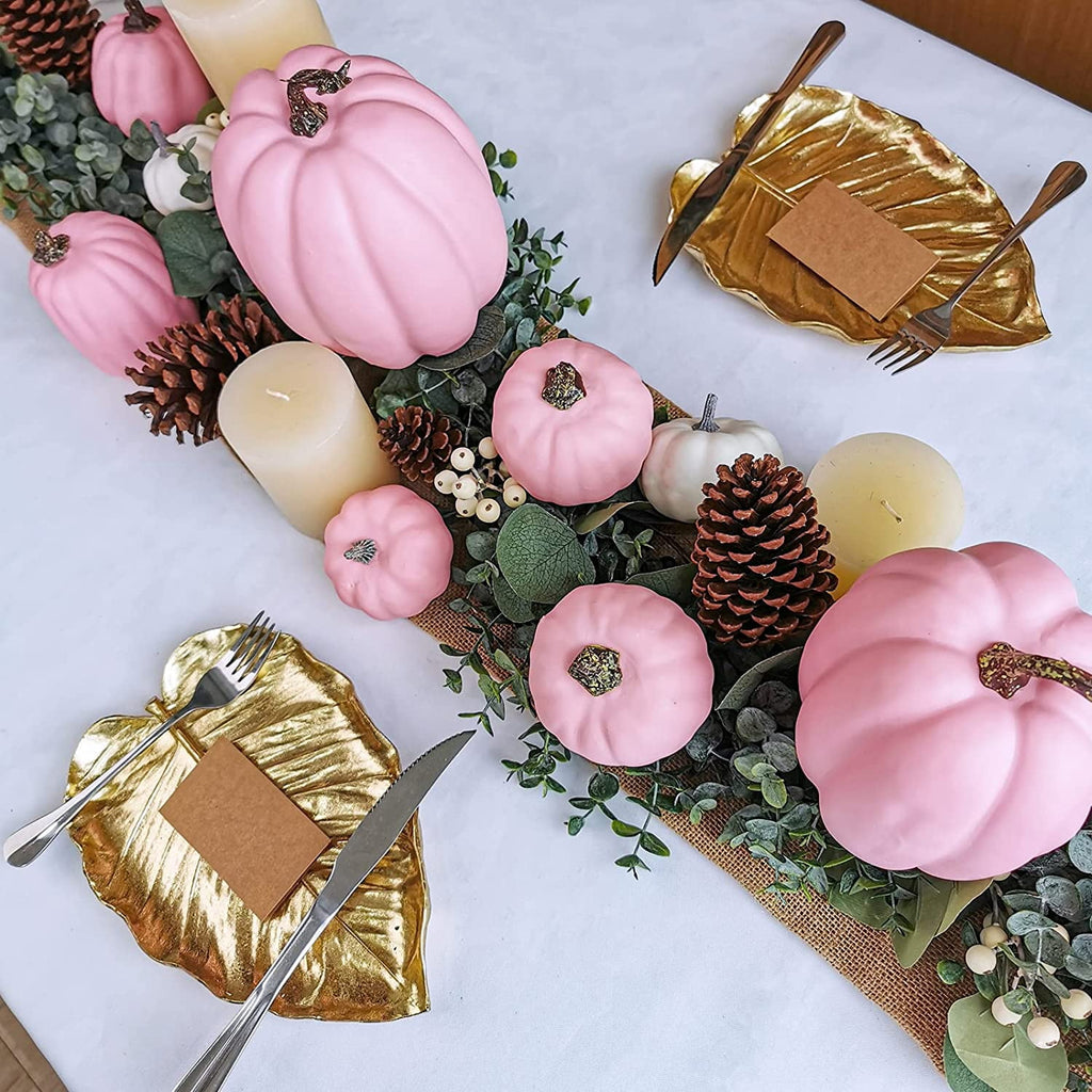Foraging dimple 7 Pcs Assorted Harvest Orange Artificial Pumpkins Decorative Pumpkins Foam Pumpkins with Gold Stems for Fall Harvest Autumn Home Wedding Thanksgiving Halloween Party