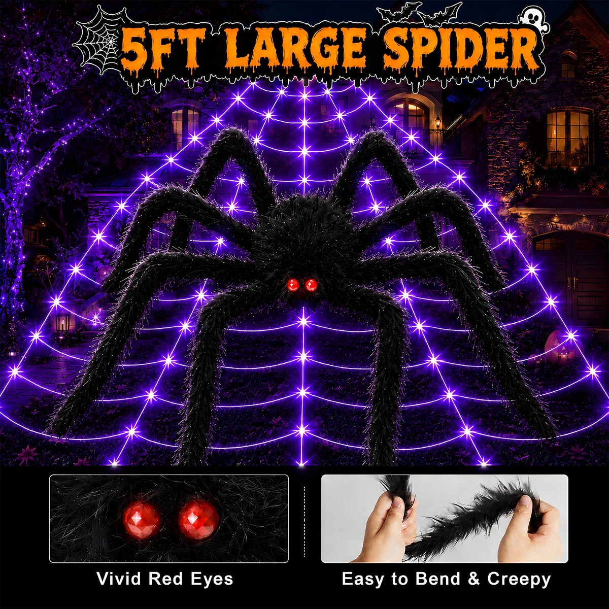 DAYBETTER Halloween Spider Web Lights, 5FT Giant Spider, 250 LED Holiday Lights, Remote Control Waterproof for Indoor Outdoor Yard Party Halloween Decorations (Purple & Orange)