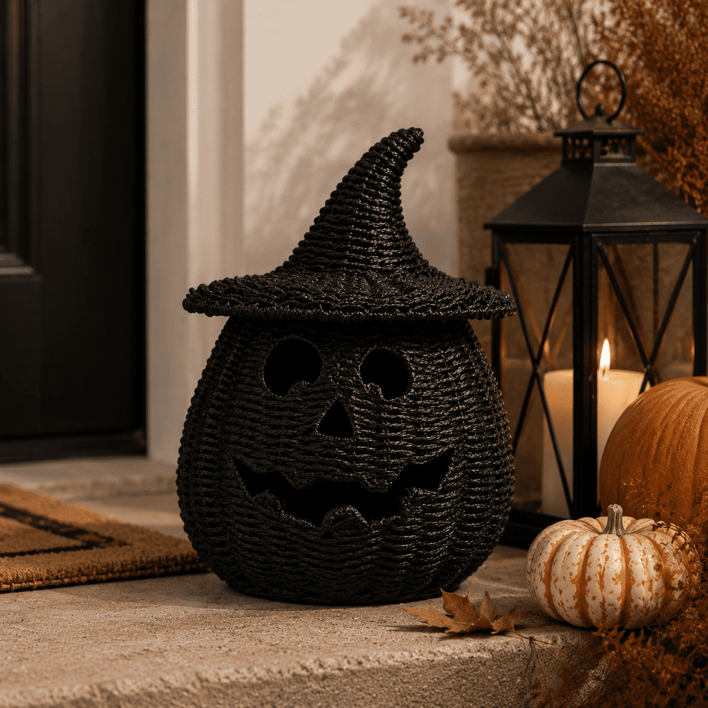 Halloween Woven Seagrass Pumpkin for Spooky Halloween Candy Storage and Home Decor, Black Handcrafted Witch Hat Woven Seagrass Lantern for LED Candy（B）