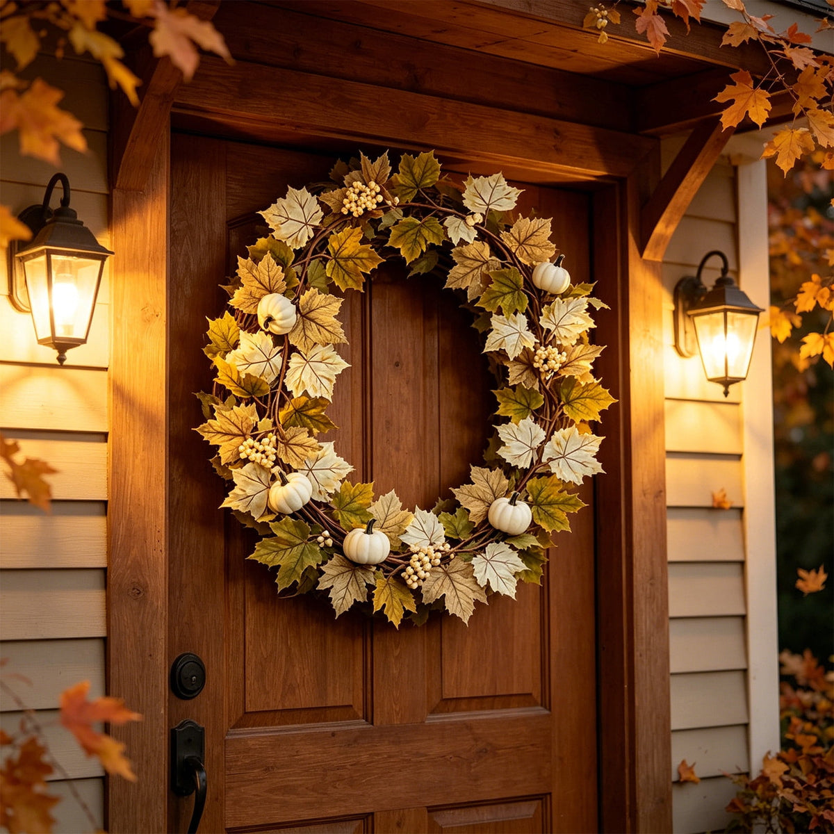 Fall Maple Leaf Front Door Wreath, Multicolor Plastic Seasonal Wreath for Halloween Thanksgiving Christmas Indoor Wall Fireplace Home Decor, 9.84 Inch
