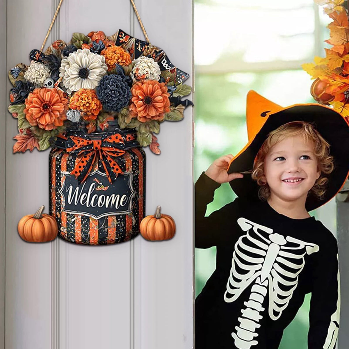 Fall Welcome Door Sign Halloween Thanksgiving Pumpkin Hanging Decor Fall Wooden Sign Halloween Decorations Pumpkin Maple Leaves Door Hanger for Outdoor Farmhouse Porch