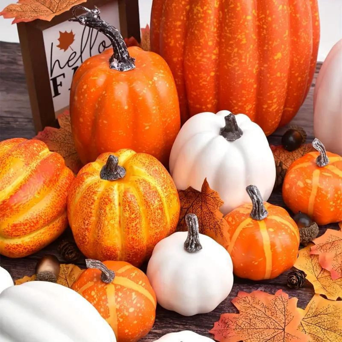 7 Pcs Assorted Size Artificial Pumpkin Set, Realistic Foam Pumpkin Decorations for Halloween Fall Harvest Decor, Thanksgiving Table Decor Centerpiece, Farmhouse Seasonal Home Decor and Party Display