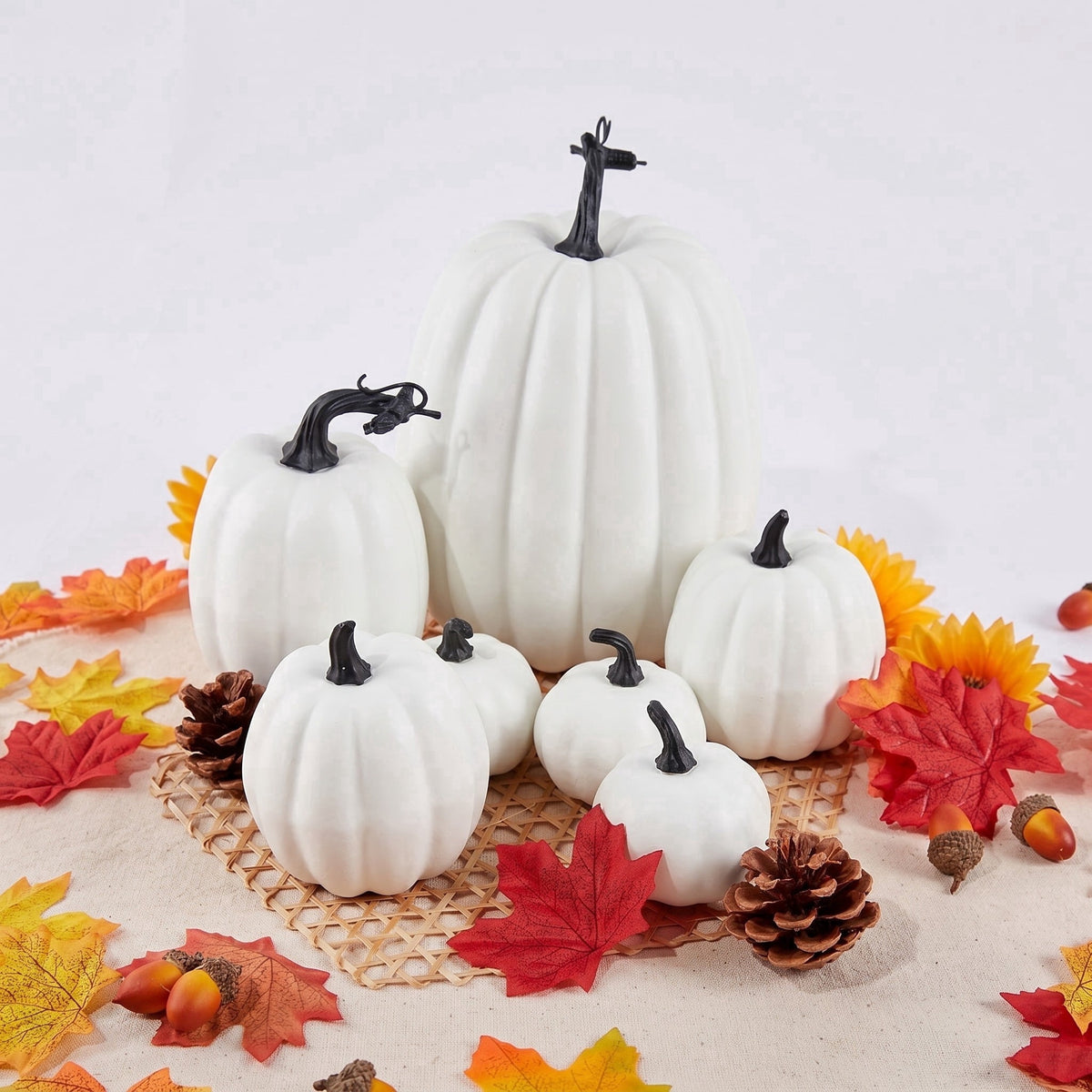 CQHVKQ 7PCS Fake Pumpkins Foam Decor Set, Fall Pumpkins Decoration from Sizes 1.9" to 7.5", Artificial Styrofoam Pumpkins for Table Centerpieces, Fall, Thanksgiving & Halloween DIY, Orange