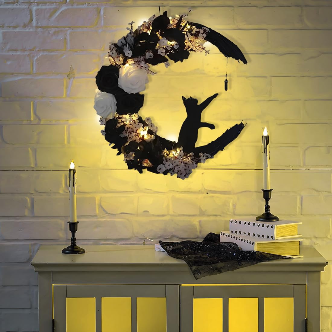 14" Halloween Wreath for Front Door Halloween Moon Cat Wreathr with Rose Floor for Home Decoration Cat Moon Hanging Wreath Decoration for Home Party Indoor Outdoor