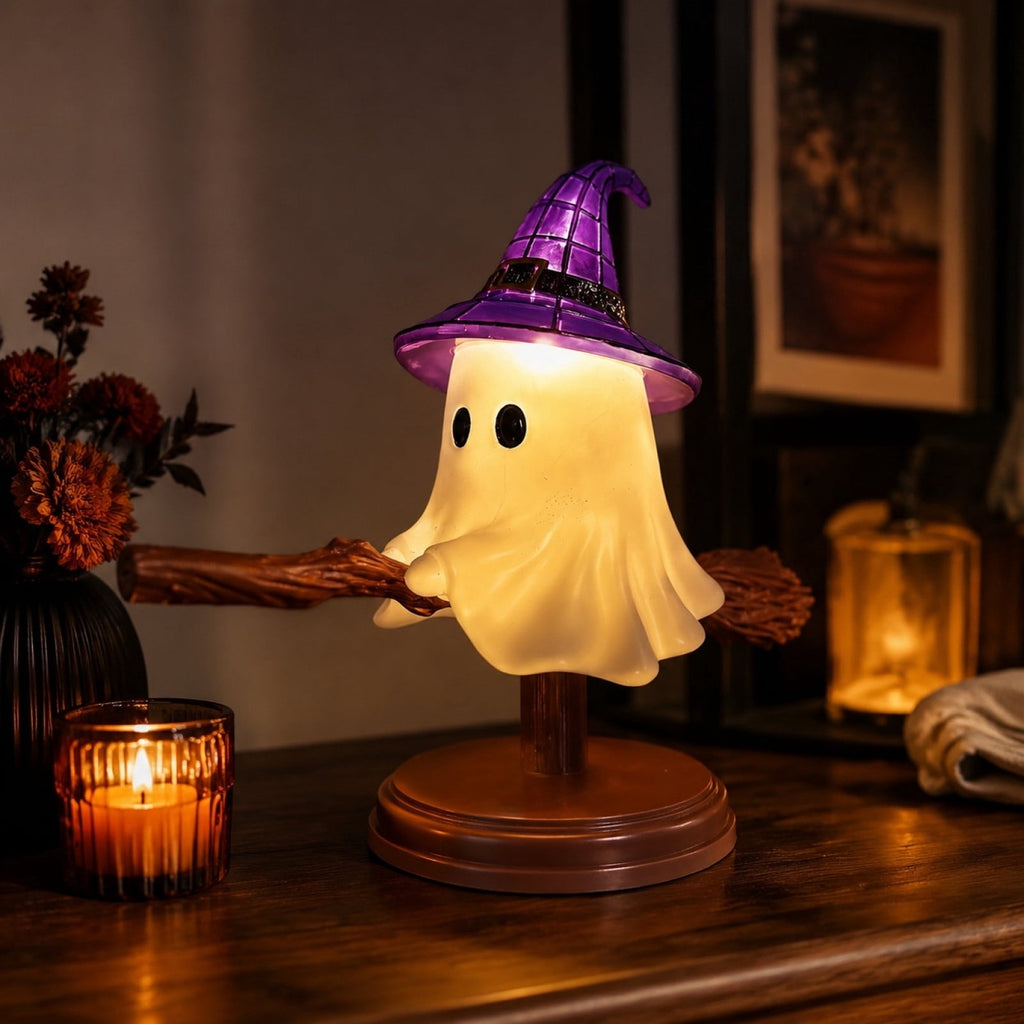 Stained Glass Witch Hat Lamp Gothic Halloween Lighting Decor, Vintage Witchy Hats Night Lights, Handcrafted Retro Resin Table Lamp for Bedroom, Living Room & Home Decor