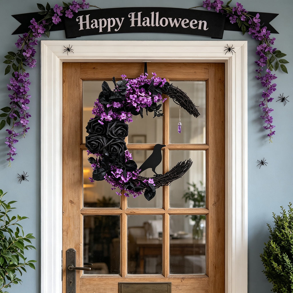 Halloween Black Cat Wreath, 14.9 in Purple and Black Crescent Wreath with Artificial Flowers and Crystal Pendant, Gothic Front Door Decor