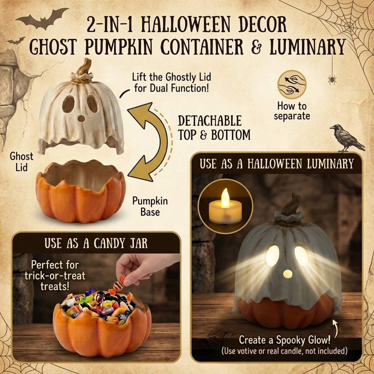Ghost Pumpkin Candy Bowl/Lantern 2 In 1 With Detachable Ghost Mask Lid 10 Inch Resin Spooky Tabletop Decor For Halloween Party Supplies