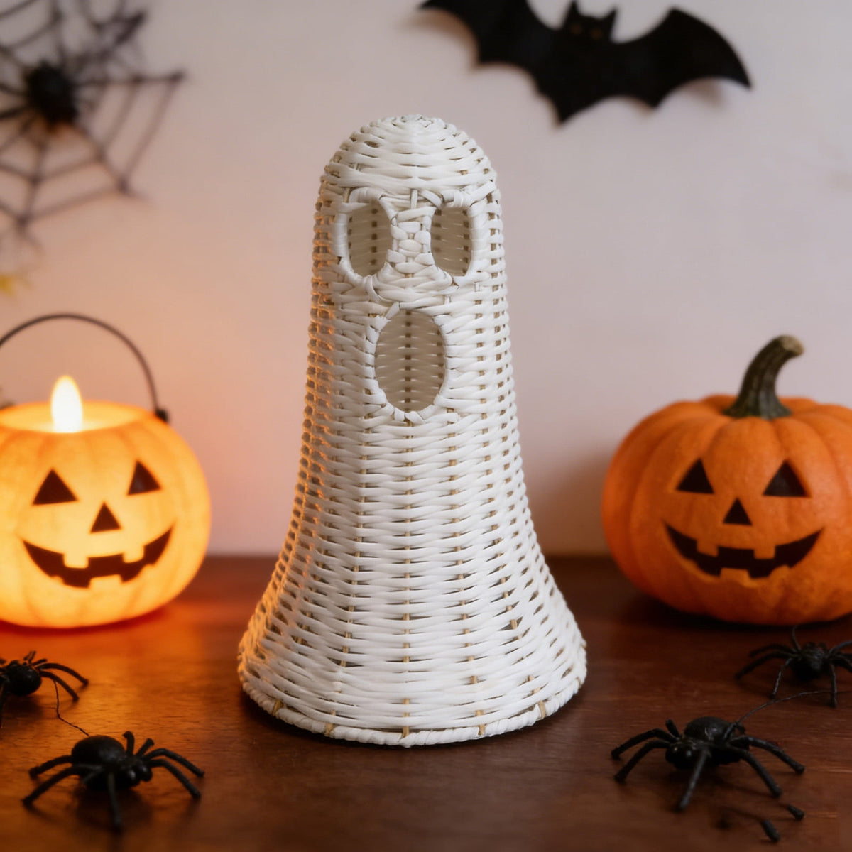 Handwoven Rattan Ghost Lantern with Witch Hat - 13.78 Inch White Wicker Ghost Decor, Light Up Halloween Decorations for Indoor Outdoor, Porch, Patio, Spooky Home Decor, Fall Harvest