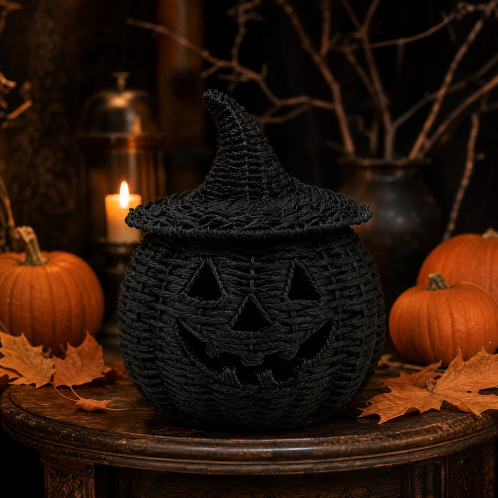 Black Woven Pumpkin Basket with Witch Hat Cover Lid, 11" Halloween Jack-O-Lantern Woven Container, Handcrafted Rattan Pumpkin Tabletop Centerpiece for Home Office Halloween Party Table