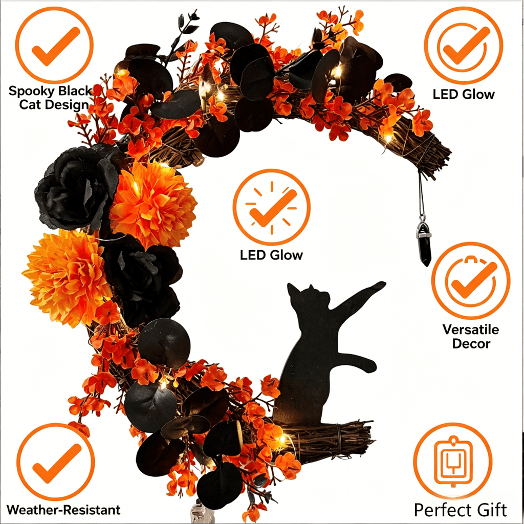 Halloween Wreath for Front Door with Lights, 14 Inch Black Cat Crescent Moon Wreath, Spooky Halloween Decoration with Orange Marigolds and Black Roses, Perfect for Home and Halloween Party Decor