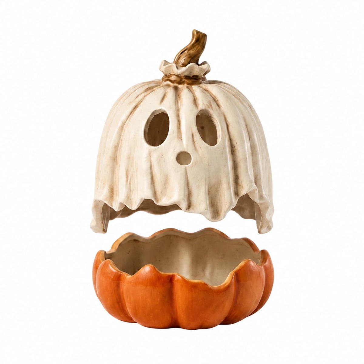 Ghost Pumpkin Candy Bowl/Lantern 2 In 1 With Detachable Ghost Mask Lid 10 Inch Resin Spooky Tabletop Decor For Halloween Party Supplies