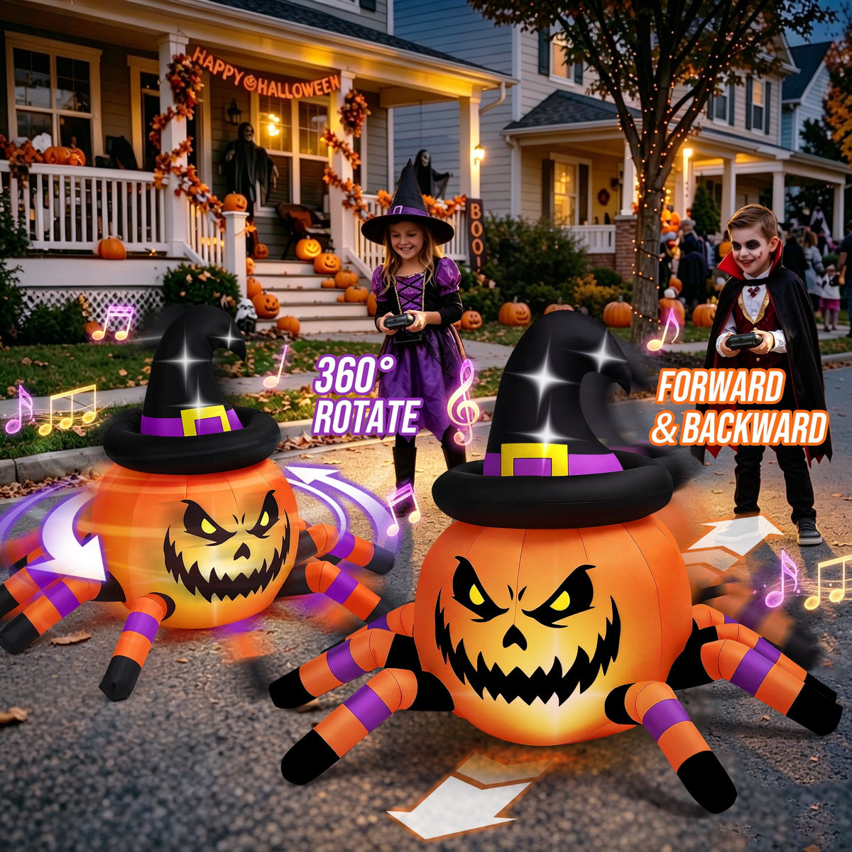 Firstness 2.4GHz Remote Control Car Halloween Inflatable Pumpkin Spider Blow ups Rc Car 360° Rotation, 3 Music and LED Lights,Aged 3+
