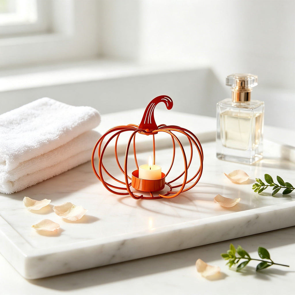romoty Metal Wire Pumpkin Candle Holder, Vibrant Orange Iron Tealight Stand Tabletop Centerpiece Accent Halloween Thanksgiving Fall Harvest Dining Room Decoration