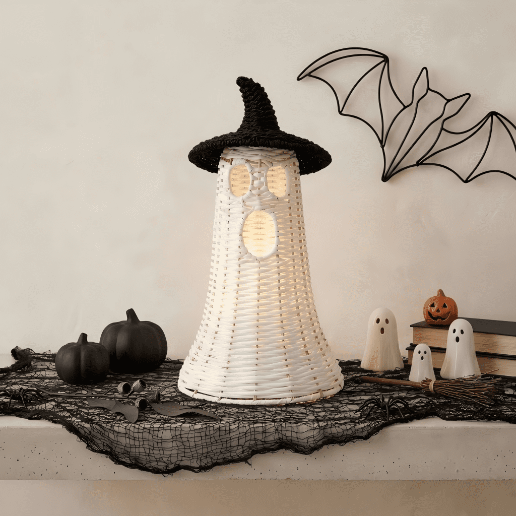 Guvpev 12" Handcrafted Woven Ghost - White Faux Rattan & Metal Ghost Figurine, Halloween Spooky Table Centerpiece & Fall Porch Decor for Indoor Outdoor