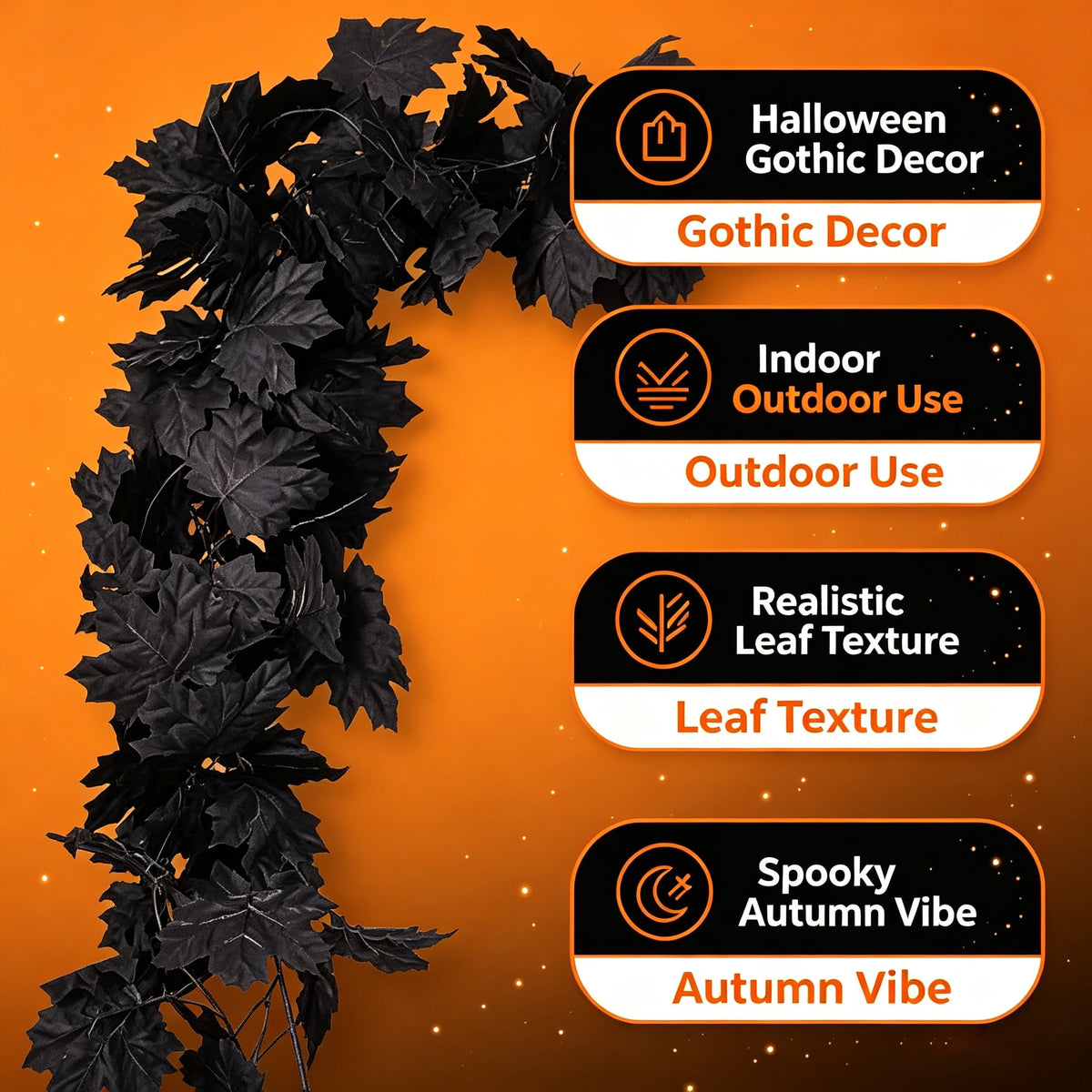 Halloween Black Garland with LED Lights 70.87 Inch Gothic Foliage for Mantel Stair Halloween Party Home Indoor Decor