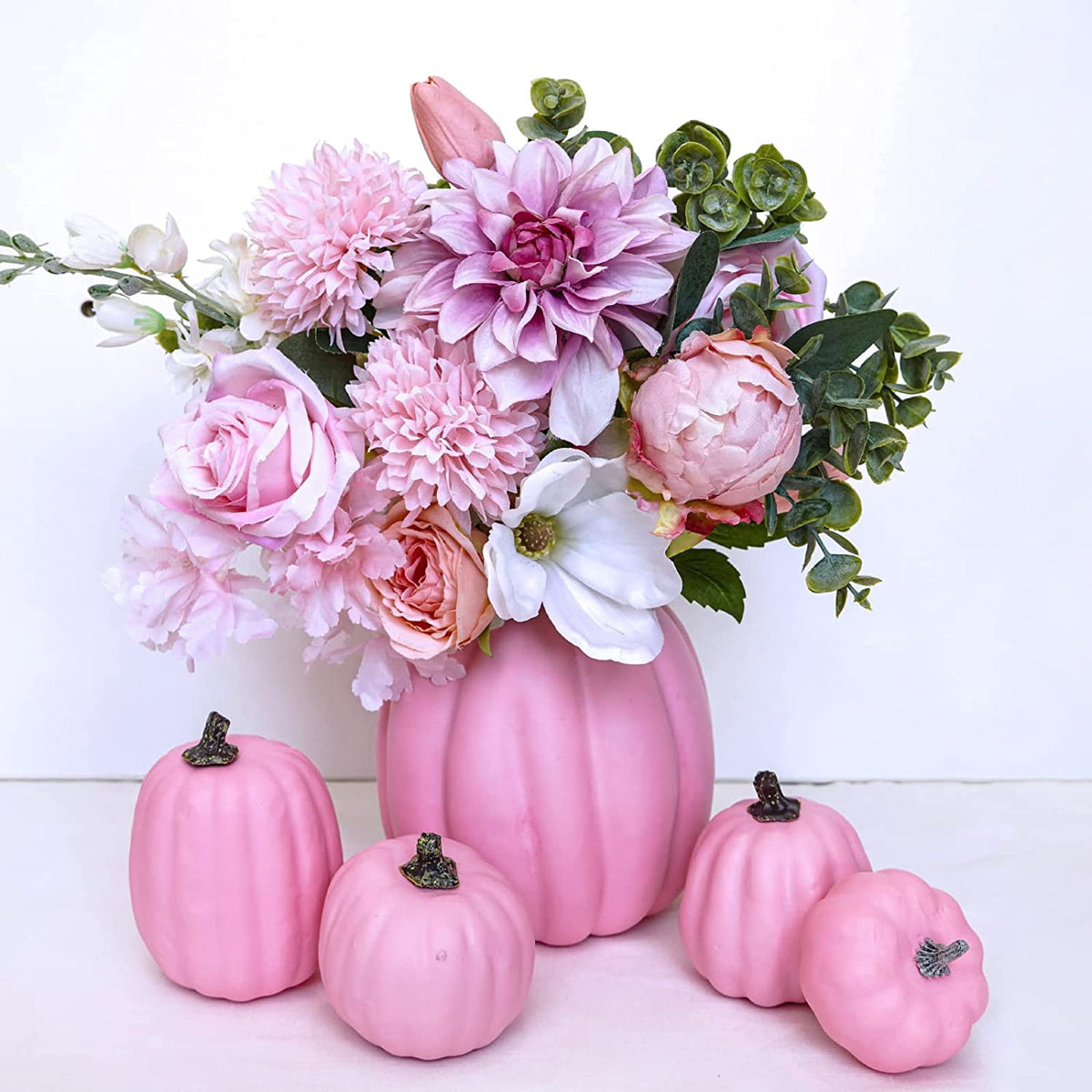 Foraging dimple 7 Pcs Assorted Harvest Orange Artificial Pumpkins Decorative Pumpkins Foam Pumpkins with Gold Stems for Fall Harvest Autumn Home Wedding Thanksgiving Halloween Party