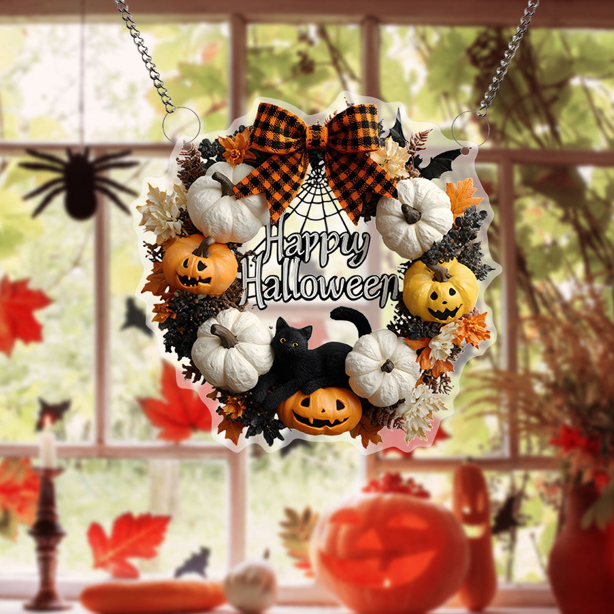 Halloween Fall 2D Pendant,2026 Front Door Pumpkin Skull Wreath,Maple Leaves Decorations Outdoor Indoor for Table Centerpiece Thanksgiving,Colorful Acrylic Round Disk Hanging Ornament,Window