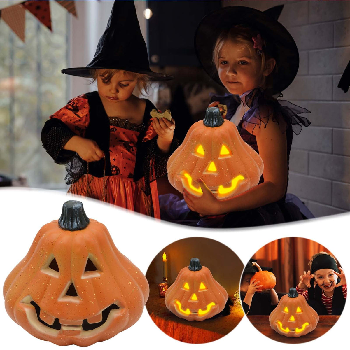 SRUILUO Halloween Light up Jack-O-Lantern, Fall Thanksgiving Pumpkin Light Decorations, Pumpkin Prop with LED Light, Halloween Tabletop Decorations Props for Indoor Outdoor Decor (No Battery)