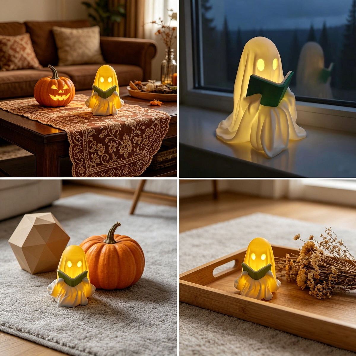 Halloween Ghost Figurine, Resin Lighted Ghost Ornament with Pumpkin Lantern & Beverage Cup, Tabletop Halloween Indoor Decor