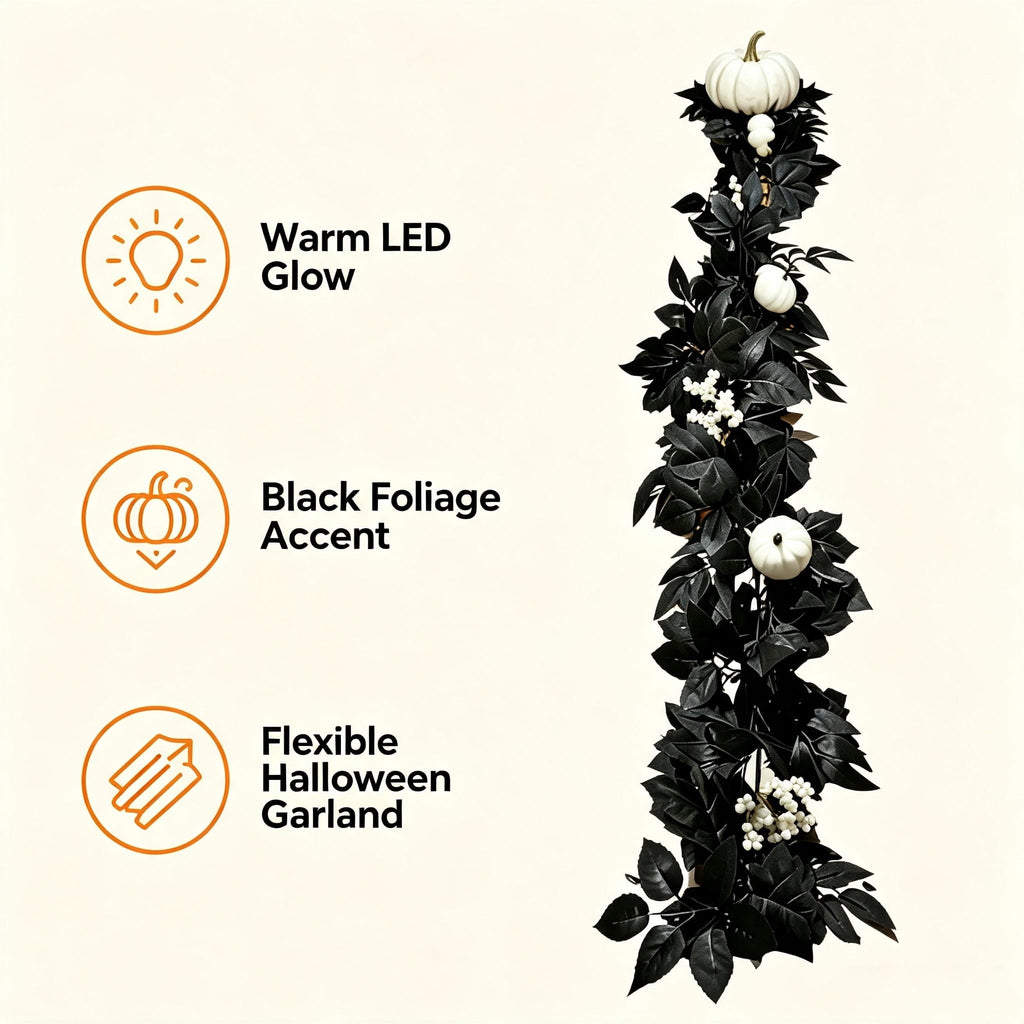 Halloween Black Garland with LED Lights 70.87 Inch Gothic Foliage for Mantel Stair Halloween Party Home Indoor Decor