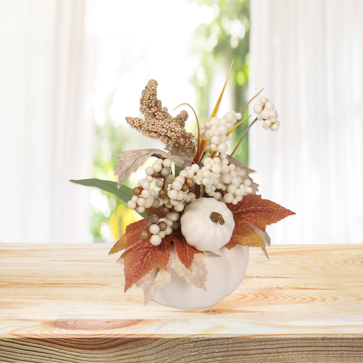 Artificial Pumpkin with Berry and Maple Leaf for Autumn Thanksgiving Table Decor, Fall Centerpiece in Wooden Box Indoor Outdoor Farmhouse Harvest Home Decor