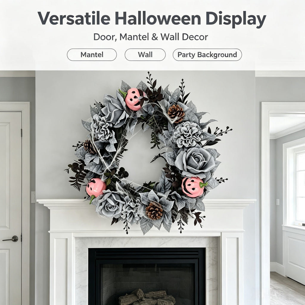 Fall Candle Ring,Artificial Maple Leaves Pumpkins Decorative Wreaths,Berry Wreath for Pillar Candle Holder,Candle Ring for Halloween Centerpieces and Farmhouse Table Decor,7.48 inch(Pink)