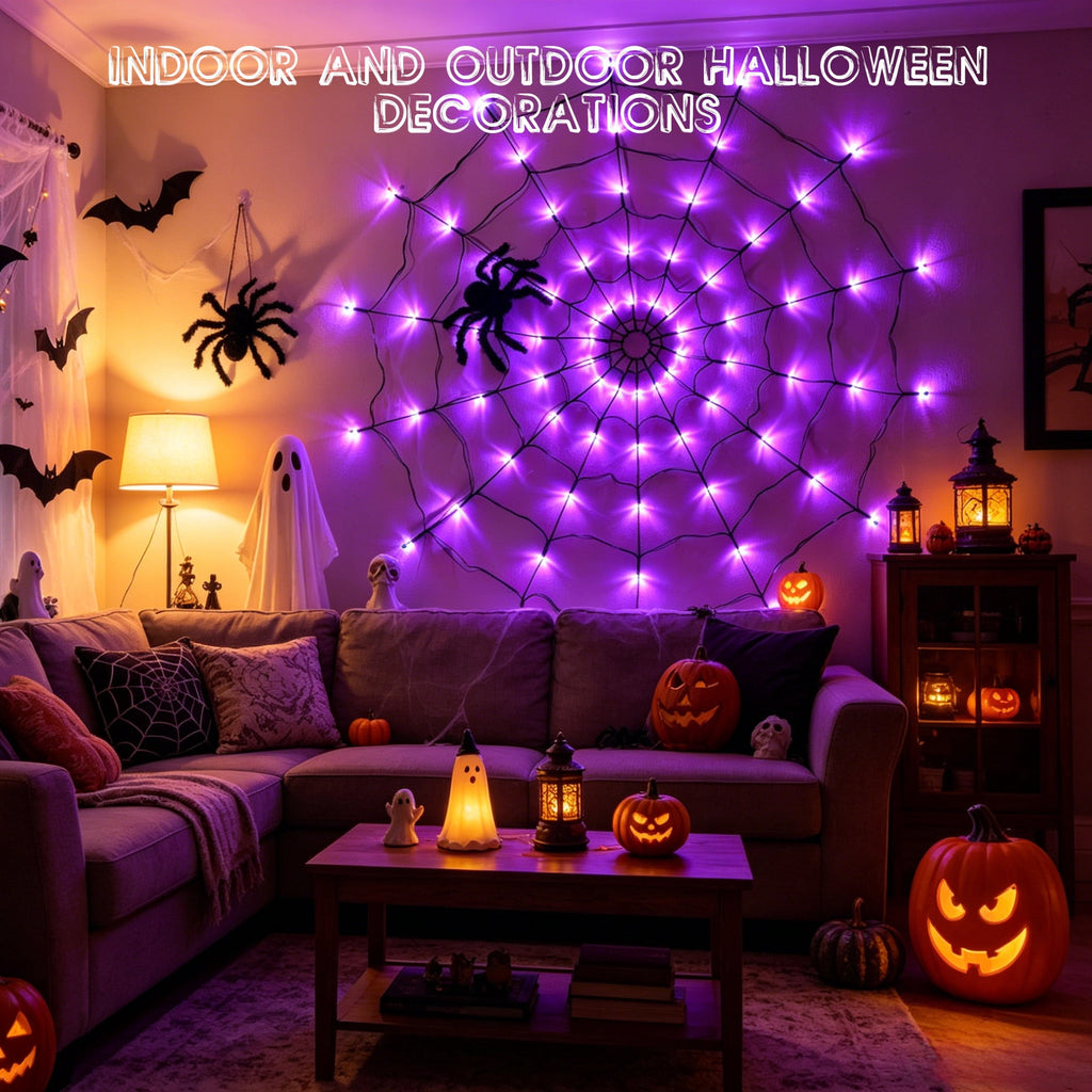 VOLIVO Halloween Spider Web Lights, 4FT Diameter 8 Modes Net Lights with Black Spider, Remote Control Waterproof for Indoor Outdoor (Purple)
