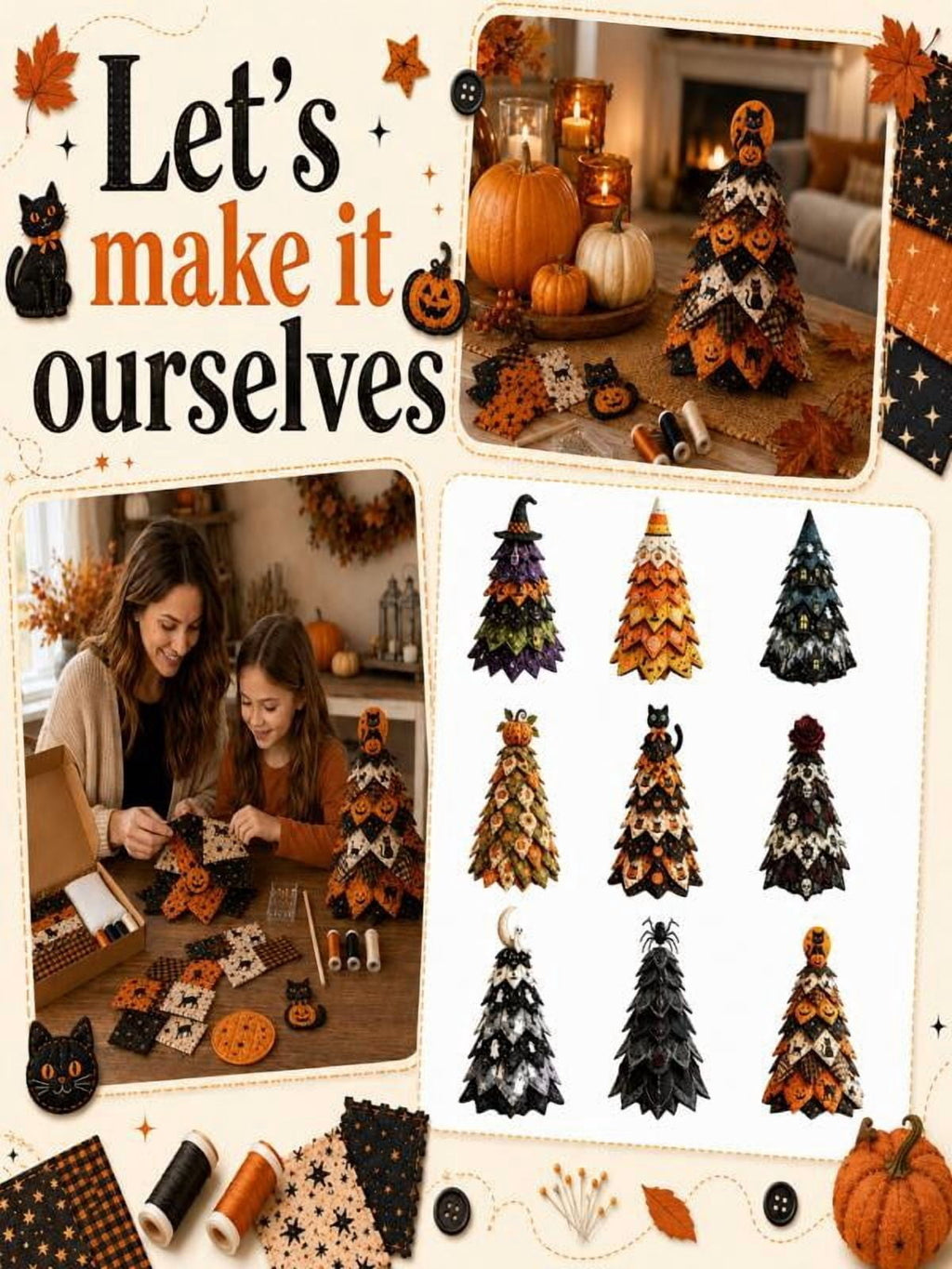 DIY Halloween Quilted Fabric Tree Kit, Sewing Project Holiday Mantel Decor, Quilted Patchwork Fabric Halloween Tabletop Christmas Tree, Handmade Gifts for Craft Lovers, Charming Patchwork Bundle #Cat