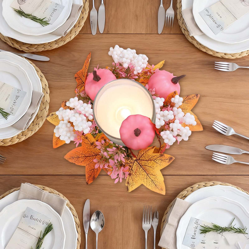 Fall Candle Ring,Artificial Maple Leaves Pumpkins Decorative Wreaths,Berry Wreath for Pillar Candle Holder,Candle Ring for Halloween Centerpieces and Farmhouse Table Decor,7.48 inch(Pink)
