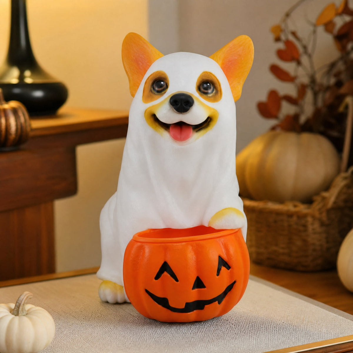 Fall Decorations for Home, 7.9in Lighted Halloween Scarecrow Dog Figurine, Resin Thanksgiving Halloween Garden Dogs Figurines for Autumn Harvest Porch Yard Garden Decor