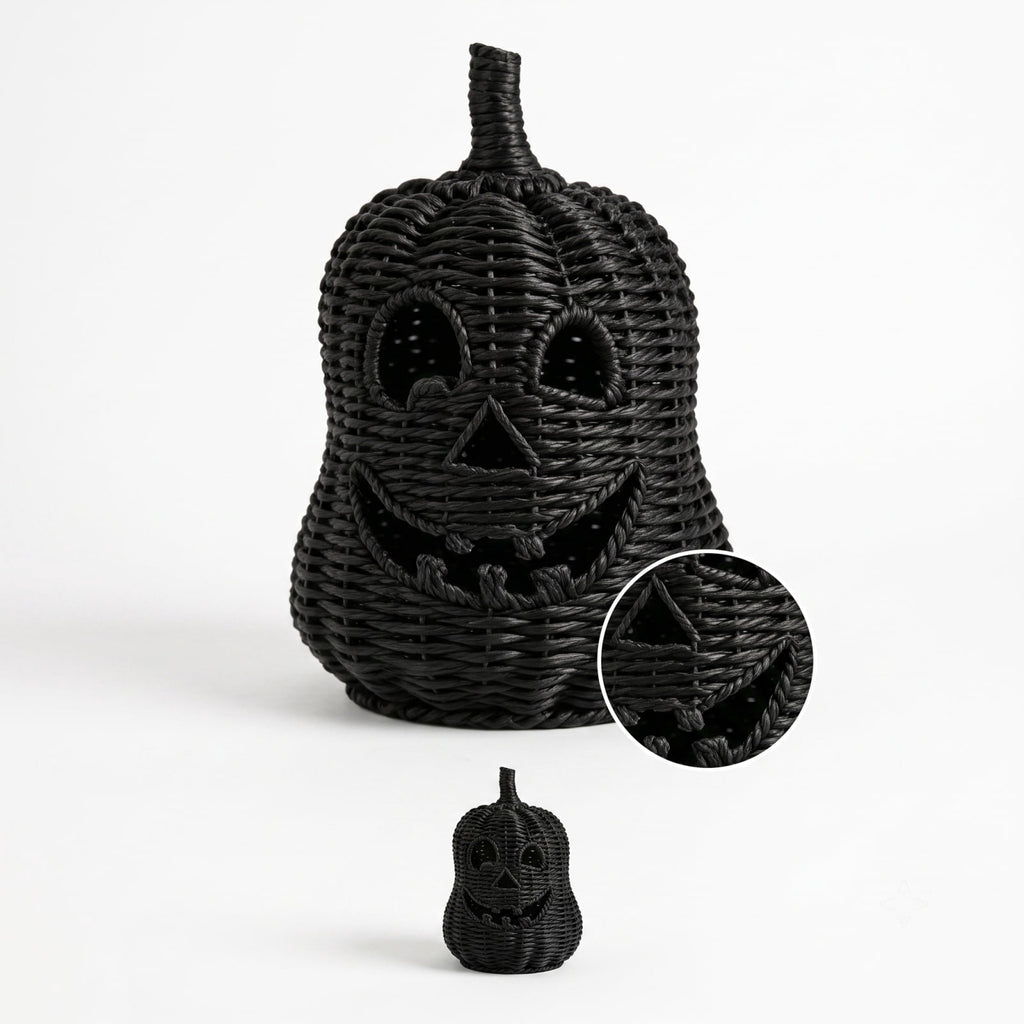 Aximioll Halloween Black Woven Jack-O-Lantern Pumpkin Decor, Hand Woven Rattan Wicker Style Statue, Trick or Treat Candy Bowl Lantern for Porch Entryway Fireplace Mantel Table, Black, 11 Inches