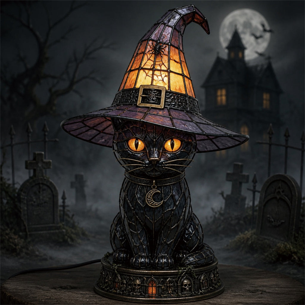 Fuebueo Halloween Witch Hat Lamp 11.81 Inch, Stained Glass Tiffany Style Table Lamp for Bedroom Nightstand, Gothic Witchy Halloween Decorations for Home Living Room
