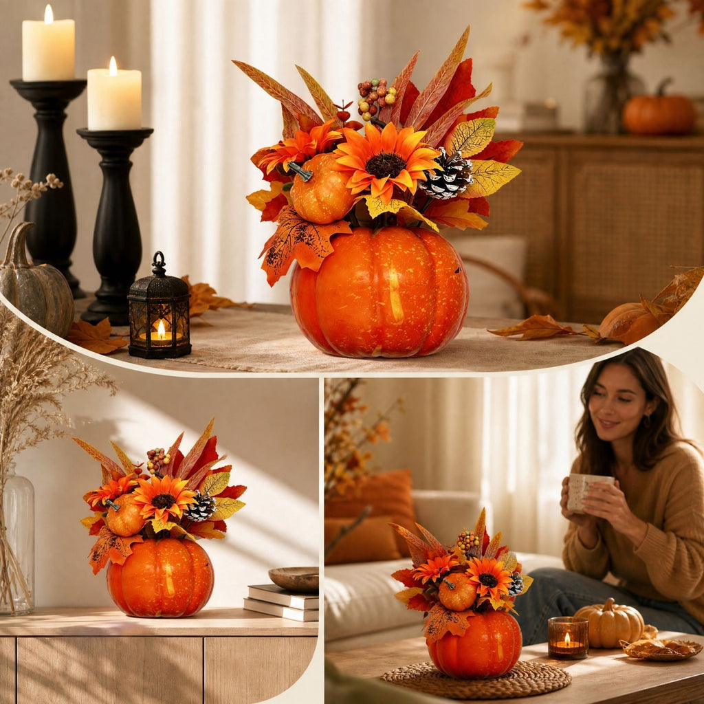 Pumpkin Decor with Artificial Flower Sunflowers Fall Decorations for Home Tabletop Kitchen Party Thanksgiving Harvest