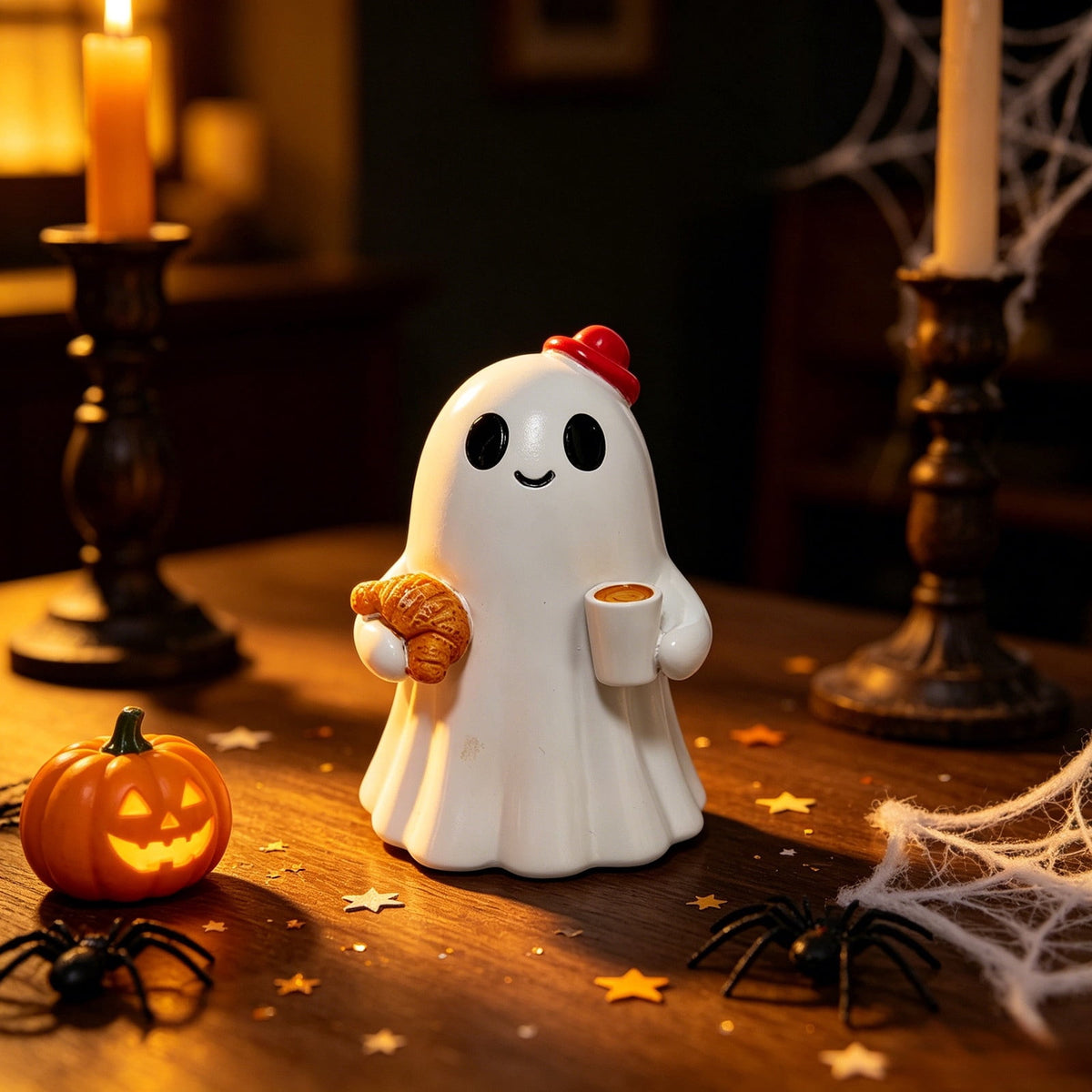 Halloween Ghost Figurine, Resin Lighted Ghost Ornament with Pumpkin Lantern & Beverage Cup, Tabletop Halloween Indoor Decor