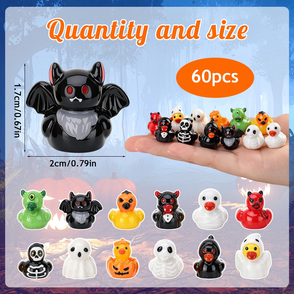 sixwipe 60 Pcs Halloween Mini Resin Ducks, 12 Styles Miniature Resin Ducks Bulk, Skeleton Pumpkin Witch Devil Ghost Tiny Duck Figures for Halloween Party Gift, DIY Craft