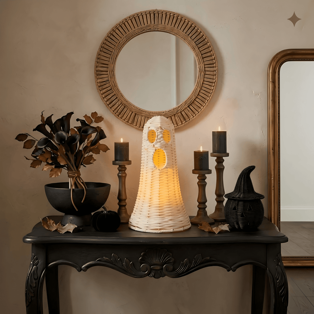 Guvpev 12" Handcrafted Woven Ghost - White Faux Rattan & Metal Ghost Figurine, Halloween Spooky Table Centerpiece & Fall Porch Decor for Indoor Outdoor