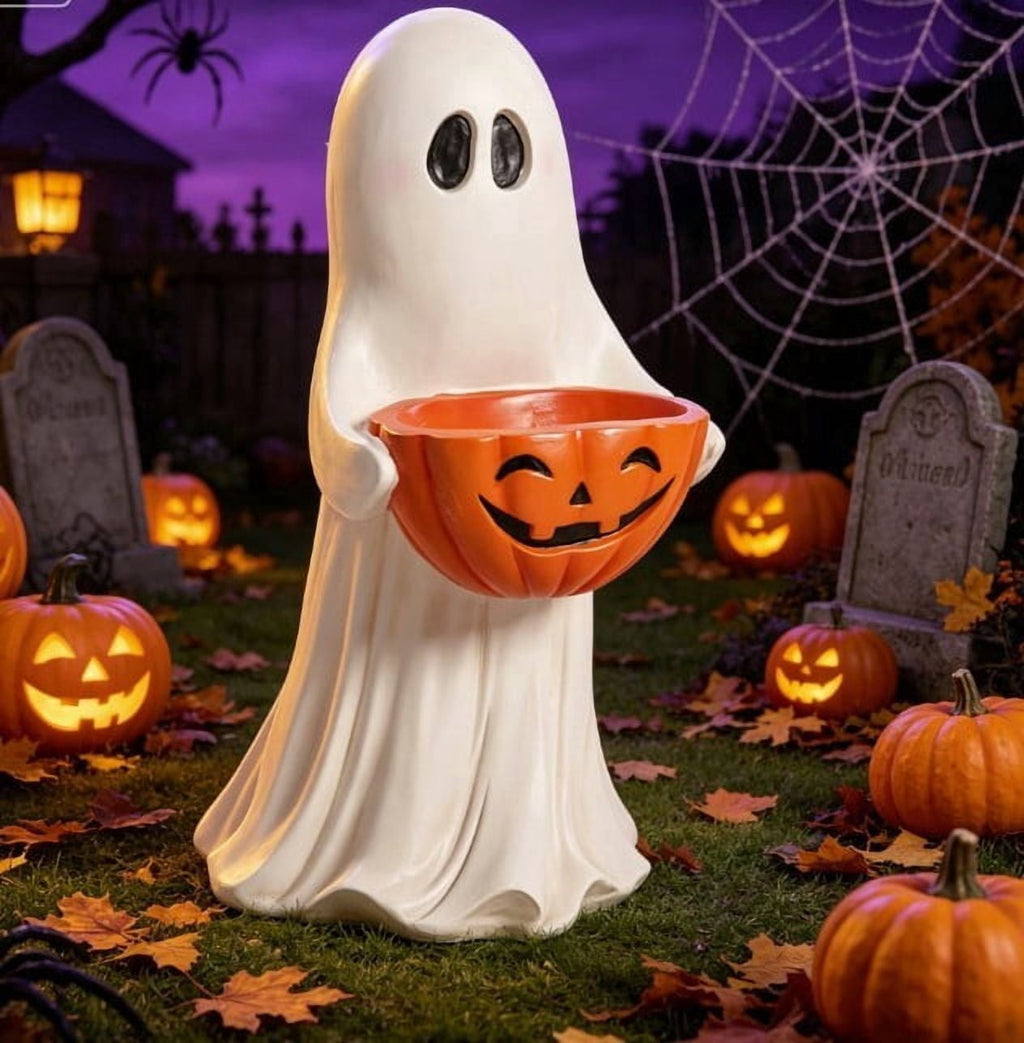 Halloween Safe Ghost Candy Bowl 14 Inch Pumpkin Treat Holder for Candy Cookies Snacks Trick or Treat Table Decor(White)