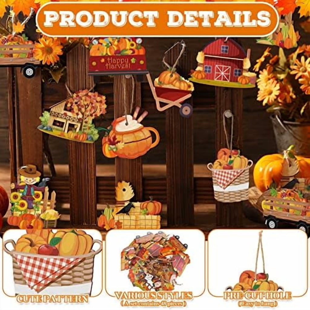 48 Piece Fall Wooden Tree Ornaments Pumpkin Scarecrow Thanksgiving Maple Leaf Decorations