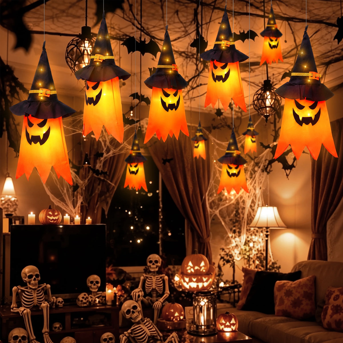 Scidweet Halloween Decorations Indoor Outdoor, 5 Pcs Halloween Lights Glowing Ghost Witch Hat Ornaments Gifts for Home Garden Yard